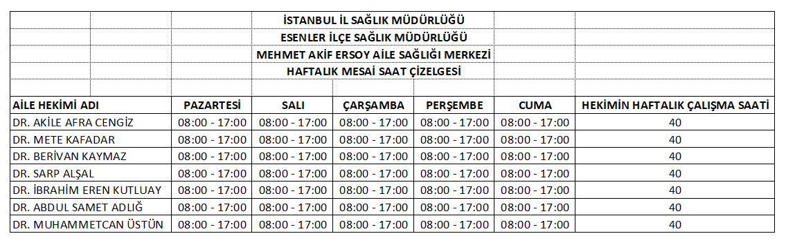 T.C Esenler Mehmet Akif Ersoy ASM haftalık mesai saat çizelgesi T.C Esenler Mehmet Akif Ersoy ASM haftalık mesai saat çizelgesi