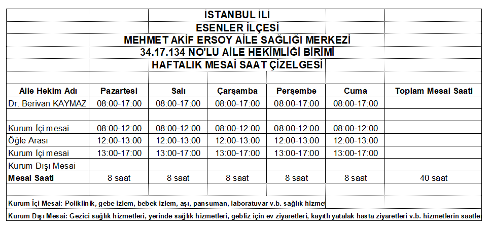 34.17.134 no'lu birim haftalık mesai saat çizelgesi 34.17.134 no'lu birim haftalık mesai saat çizelgesi
